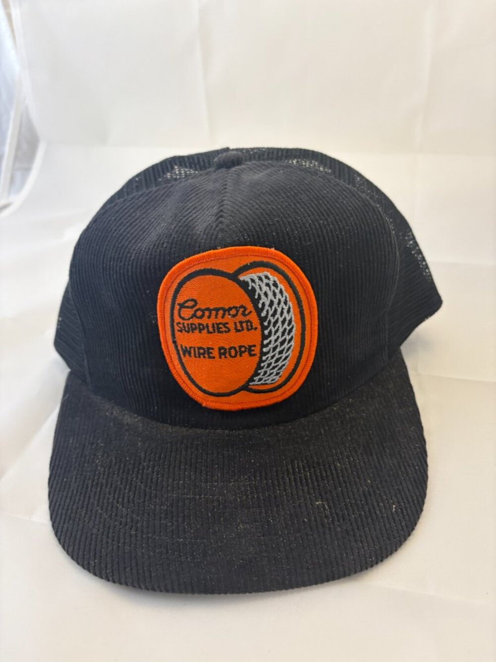 Vintage Power Supplies Ltd Wire Rope Corduroy Trucker Hat Black Orange Patch